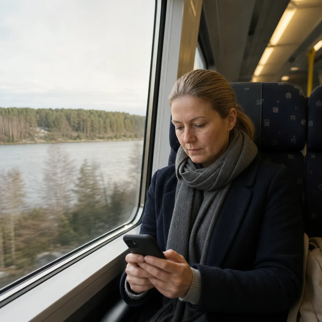 Pendlare använder mobilen på tåget