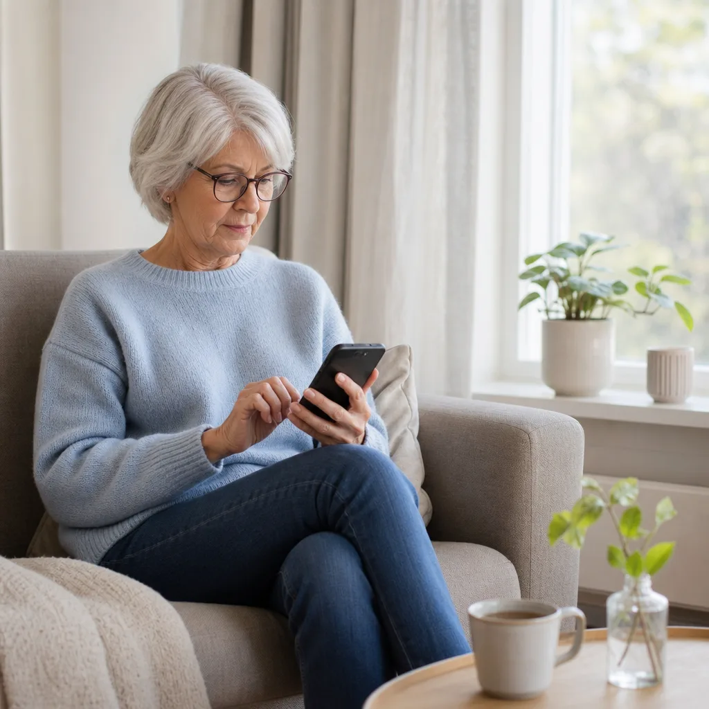 Senior använder smartphone hemma