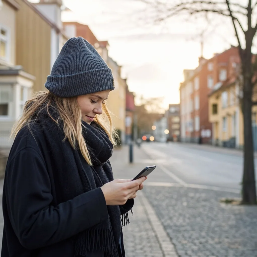 Person använder mobilen i staden